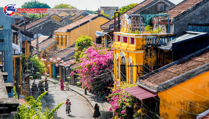 Colorful street in Hoi An Ancient Town, Vietnam with yellow buildings and bougainvillea flowers.