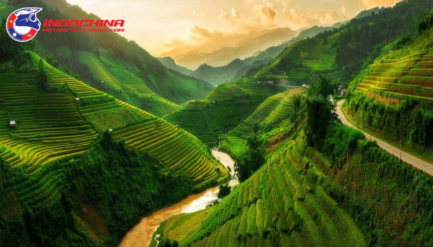 Rider on the Ha Giang Loop Map with scenic mountain views 