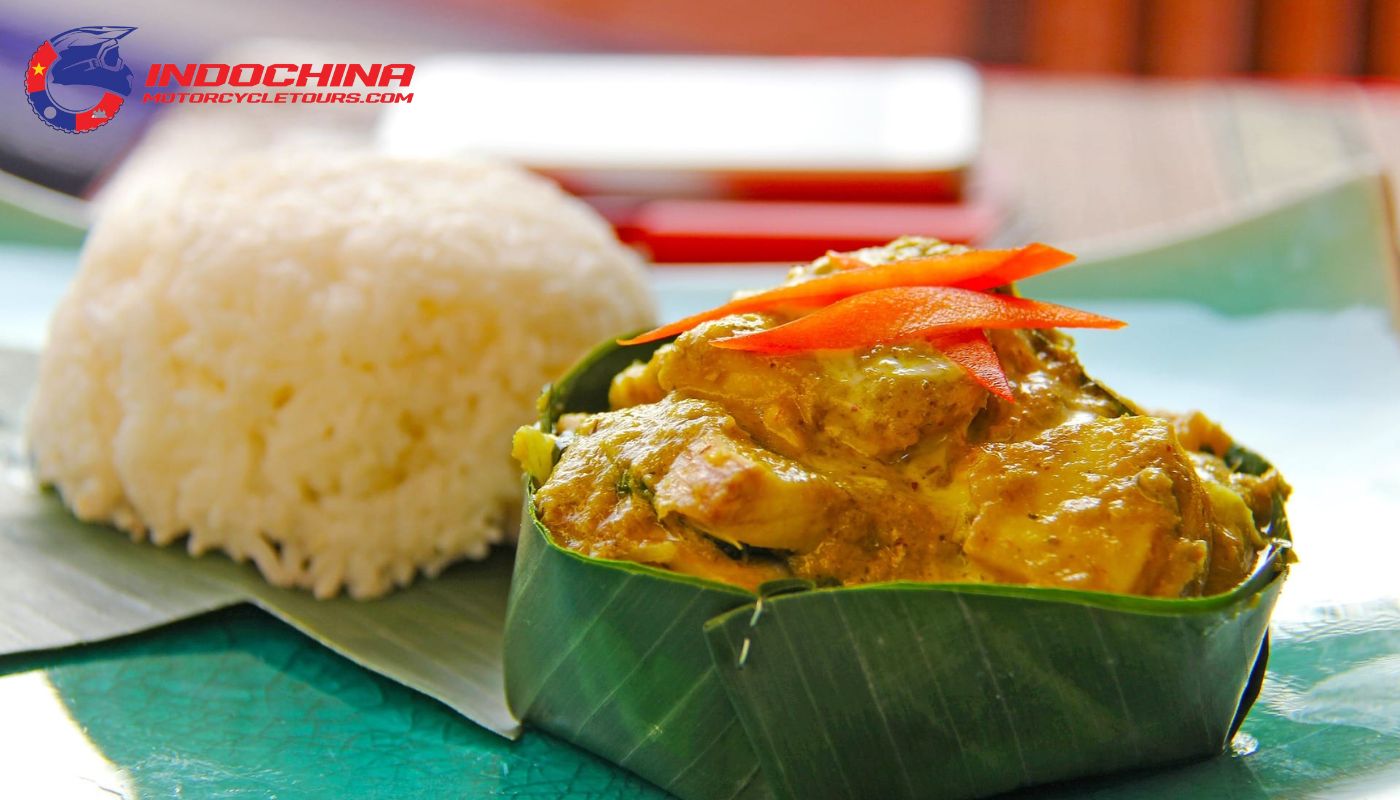 A traditional Cambodian dish of steamed fish in coconut milk and spices